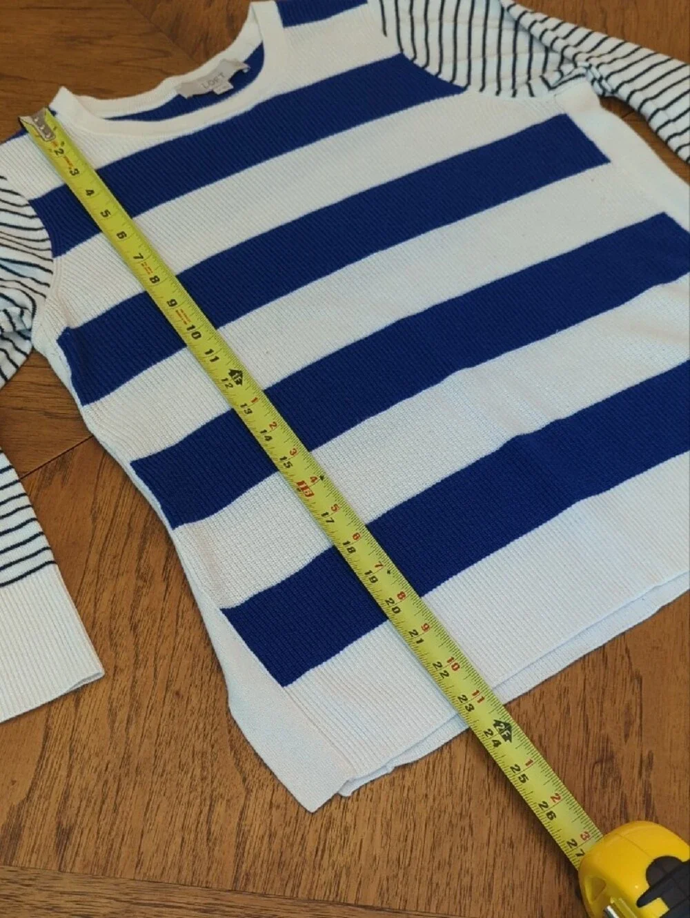 LOFT Blue, Black, and White Striped Crewneck Sweater